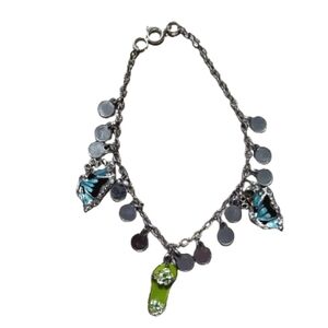 Elegant Silver and Blue Rhinestone Butterfly & Green Flip-flop Charm Bracelet